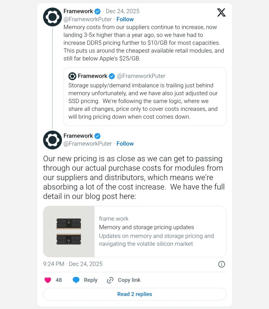 افزایش قیمت رم DDR5 توسط Framework
