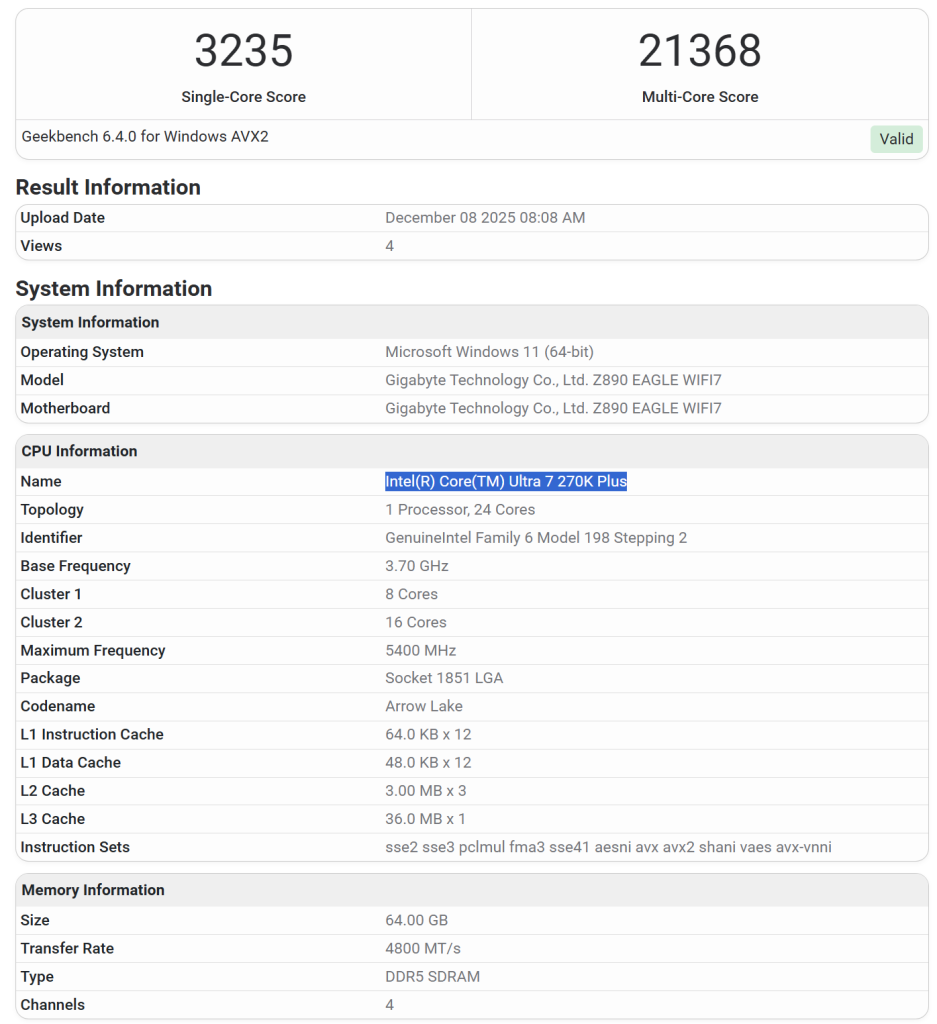 پردازنده Core Ultra 7 270K Plus اینتل در Geekbench