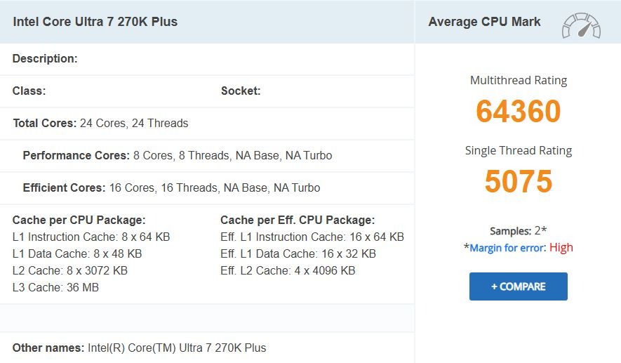 بنچمارک Core Ultra 7 270K Plus