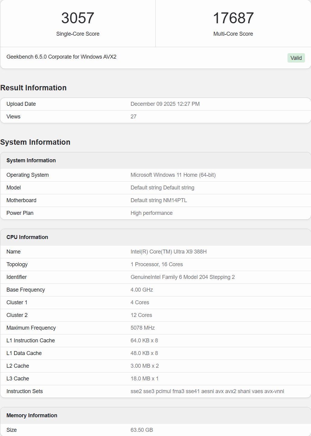 عملکرد پردازنده Core Ultra X9 388H اینتل در Geekbench افشا شد