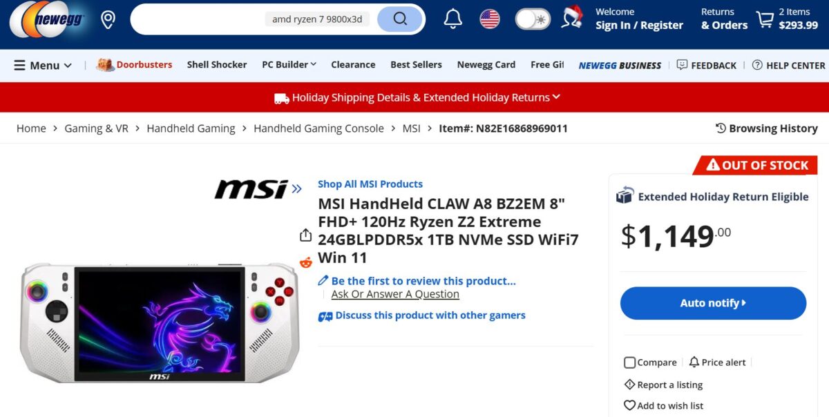 سرانجام کنسول بازی دستی MSI Claw A8 در Newegg لیست شد
