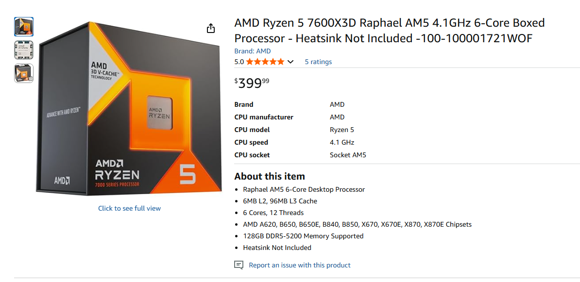 پردازنده AMD Ryzen 5 7600X3D برای اولین بار در آمازون لیست شد