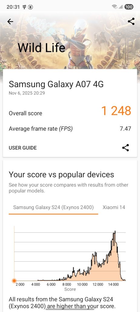 نتایج تست های بنچمارک گوشی گلکسی ای ۰۷ سامسونگ