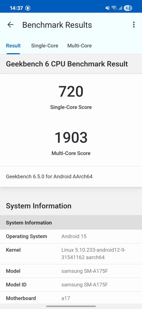 نتایج تست های بنچمارک گوشی گلکسی ای ۱۷ سامسونگ