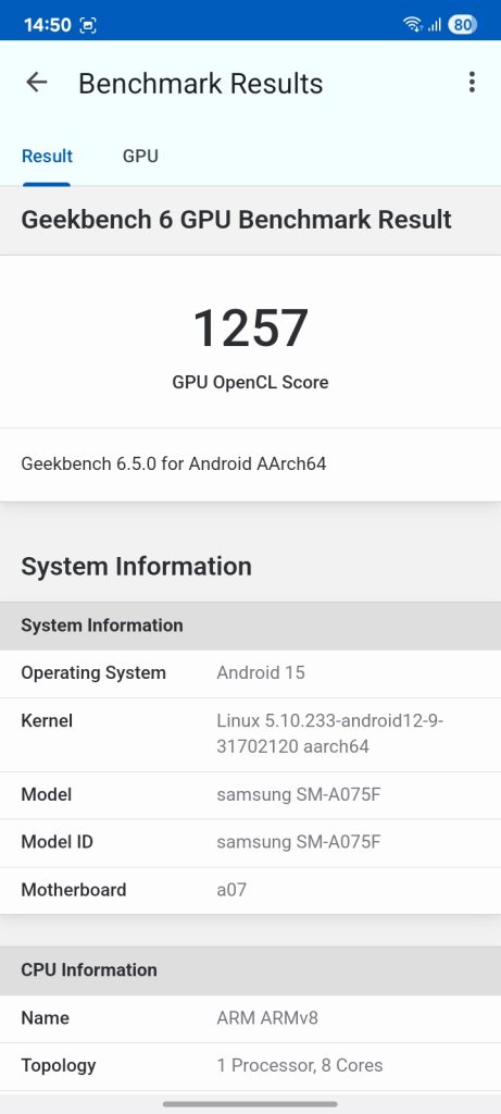 نتایج تست های بنچمارک گوشی گلکسی ای ۰۷ سامسونگ