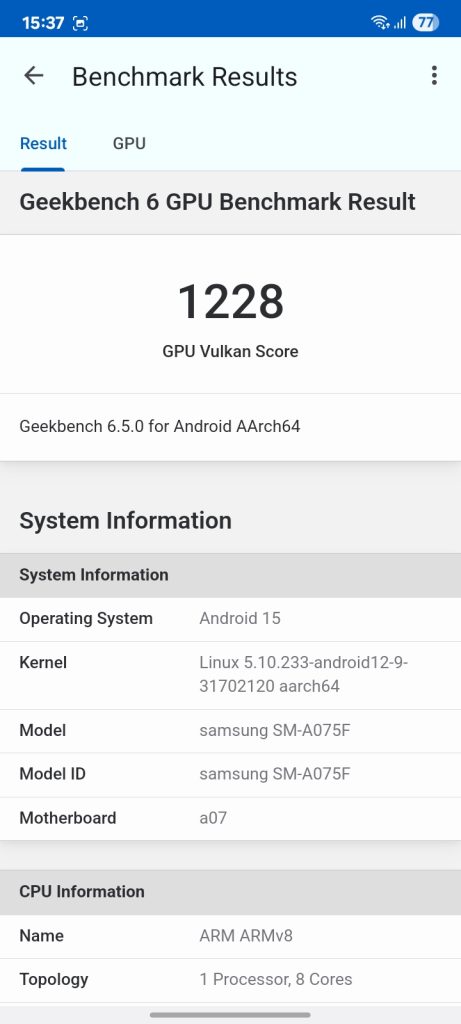 نتایج تست های بنچمارک گوشی گلکسی ای ۰۷ سامسونگ