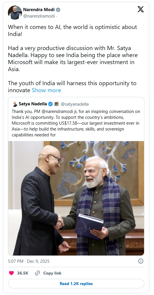 سرمایه گذاری 17.5 میلیارد دلاری مایکروسافت در هند