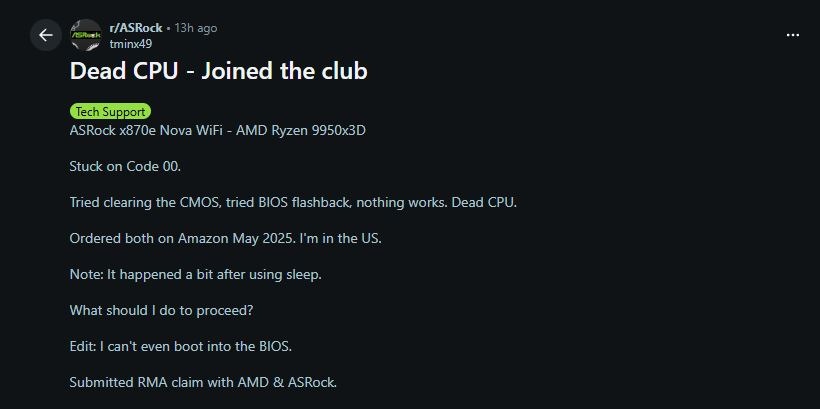 از کار افتادن پنج پردازنده Ryzen 9000