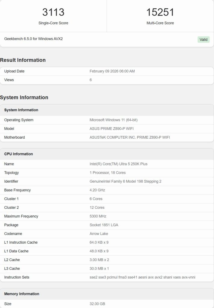 بنچمارک Core Ultra 5 250K Plus