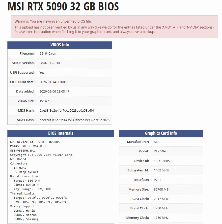 بایوس های MSI RTX 5090 Lightning Z 800W و 1000W لو رفتند