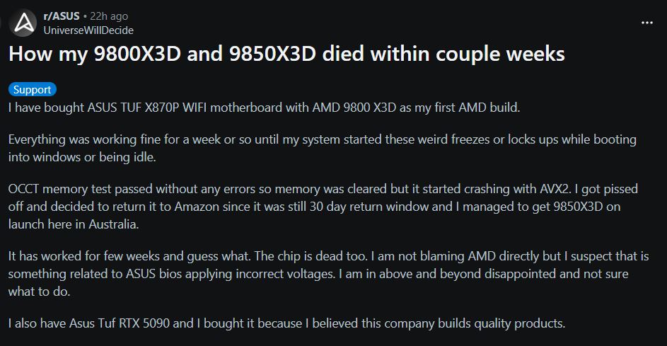 اولین مورد خرابی پردازنده AMD Ryzen 7 9850X3D در ردیت منتشر شد