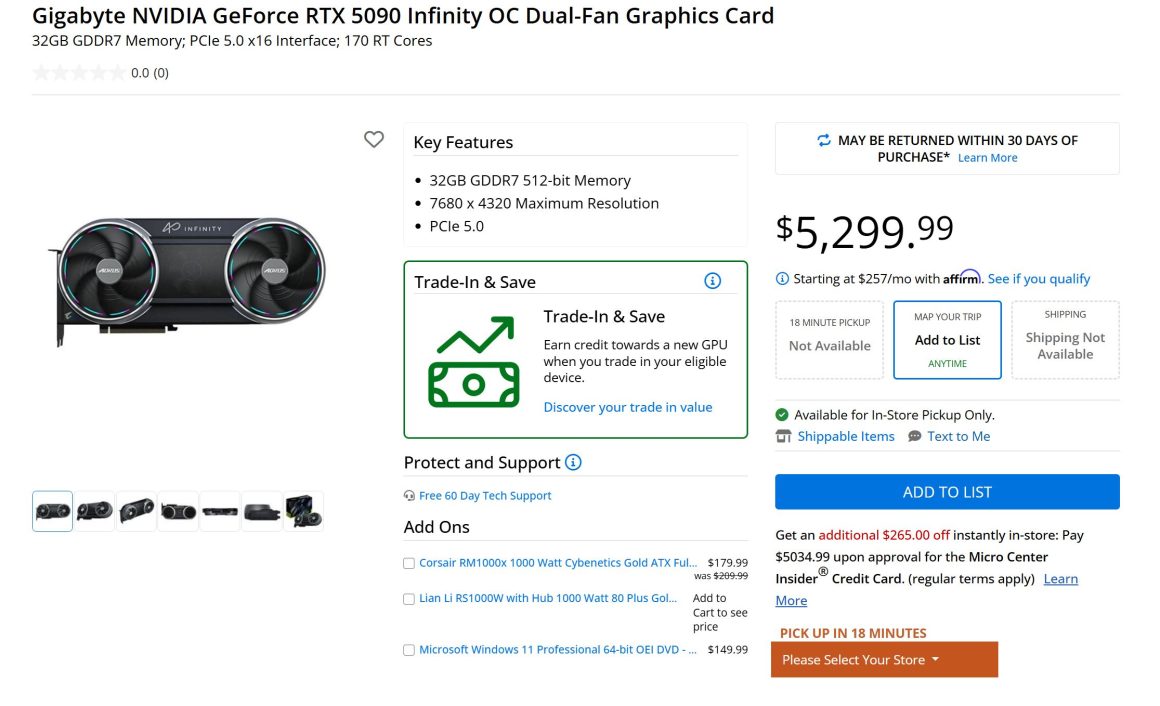 قیمت گیگابایت RTX 5090 AORUS Infinity